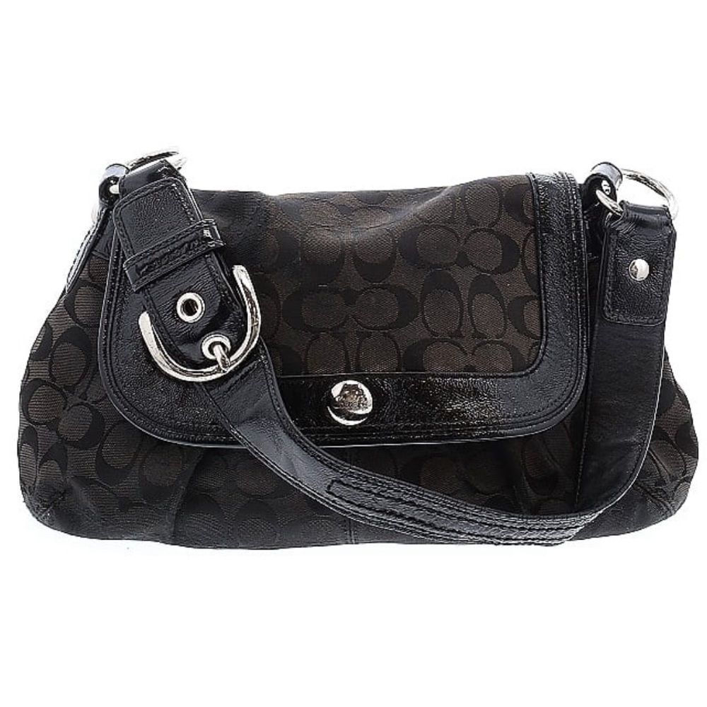 COACH SOHO BLACK SIGNATURE PLEATED FLAP HOBO SHOULDER BAG F13739